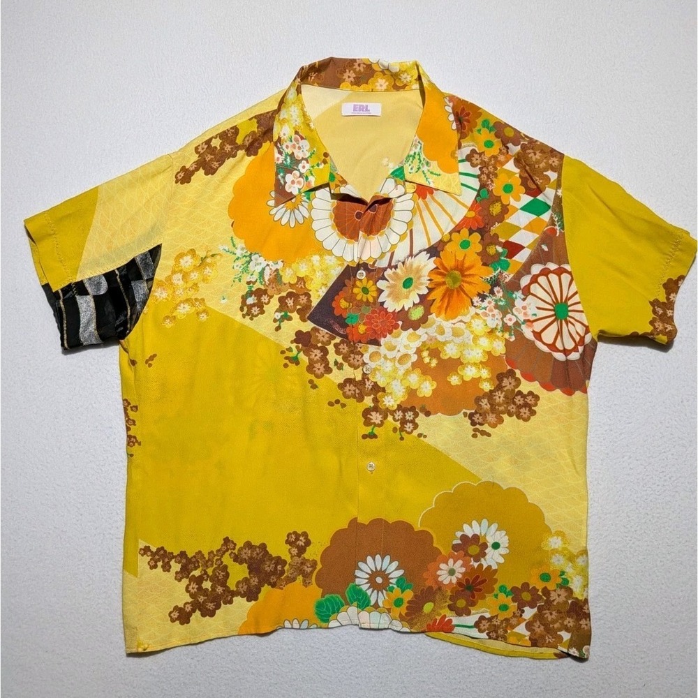 ERL Venice Beach Floral Shirt Mens L Yellow Psychedelic Designer Camp